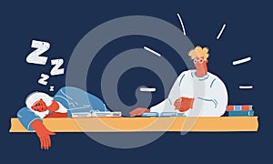 Vector illustration of Reading books together. Self-learning. Sleeping student