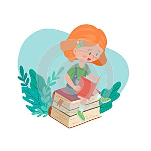 Vector illustration of a reading girl sitting on a stack of books with plants on background. Schooling for everyone.