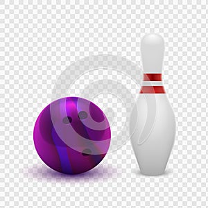 Vector illustration realistic 3D purple bowling ball and skittles. Isolated on a transparent checkered background. Design element.