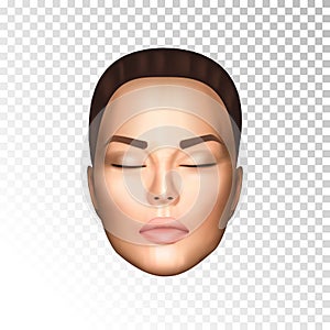 Vector illustration of realistic beautiful nice woman face witn closed eyes, light skin on on transparent background