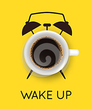 Vector illustration with realistic cup of coffee and hand drawn alarm clock on yellow background. Break time, good morning, drink