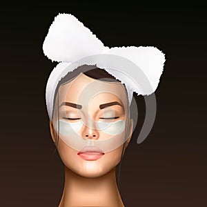 Vector illustration of a realistic face of a young beautiful girl with a cosmetic bandage on her hair and moisturizing