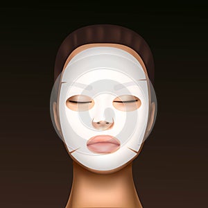 Vector illustration of a realistic face of a young beautiful girl with a cosmetic moisturizing facial mask against the