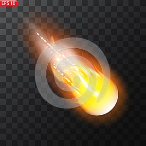 Vector illustration of realistic falling comet. Isolated transparent background. Shooting star, meteor