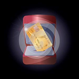 Vector illustration of a realistic gold credit card in a gift box for jewelry