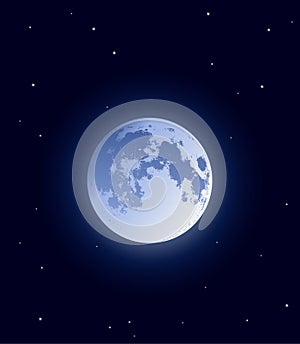 Vector illustration: realistic moon on dark background with shiny stars