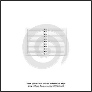 Vector illustration of a realistic open exercise book with a silver spiral. Vertical blank business notebook in a cage on metal
