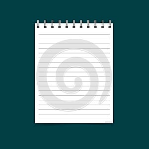 Vector illustration of a realistic open exercise book with a silver spiral. Vertical blank business notebook in a line on metal