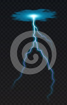 Vector illustration of a realistic style of blue glowing lightning isolated on a dark background, natural light effect