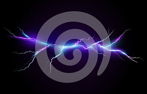 Vector illustration of a realistic style of bright glowing lightning isolated on a dark background, natural light effect
