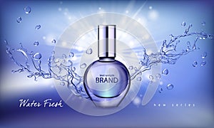 Vector illustration of a realistic style perfume in a glass bottle on a blue background with water splash