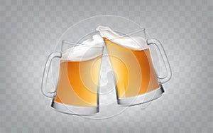Vector illustration of a realistic style two glass toasting mugs with beer, cheers beer glasses.