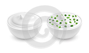 Vector illustration of a realistic style white bowl with sour cream, yogurt with sliced green onions