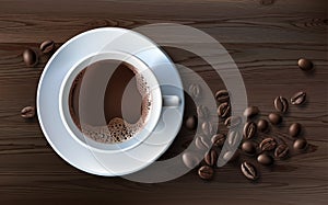 Vector illustration of a realistic style of white coffee cup with a saucer and coffee beans, top view