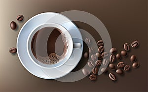Vector illustration of a realistic style of white coffee cup with a saucer and coffee beans, top view, isolated on brown