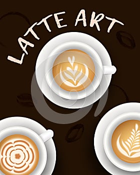 Vector illustration with realistic white cups with coffee. Collection of Latte art top view