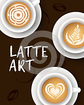 Vector illustration with realistic white cups with coffee. Collection of Latte art top view