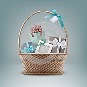 Vector illustration of wicker basket full of gift boxes isolated on background