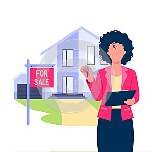 Vector illustration of realtor. Buying and selling. Building rent. Cartoon scene with girl selling house on white