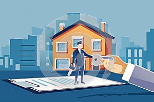 Vector illustration of a realtor giving keys to a new house, car to a customer signing a contract