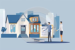 Vector illustration of a realtor giving keys to a new house, car to a customer signing a contract