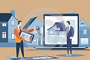 Vector illustration of a realtor giving keys to a new house, car to a customer signing a contract