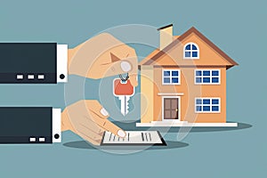 Vector illustration of a realtor giving keys to a new house, car to a customer signing a contract