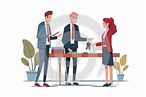 Vector illustration of a realtor giving keys to a new house, car to a customer signing a contract