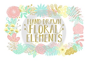 Vector illustration of a rectangular frame made from cartoon hand-drawn floral elements. An image for decoration of postcards, inv