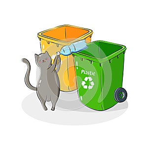 Vector illustration. Recycling garbage. Sorting and processing of garbage. Utilize waste. Trash bags bins cans. Cartoon photo