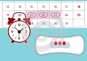 Vector illustration of red alarm clock and a blood period calendar. Menstruation period pain protection, blood drops.