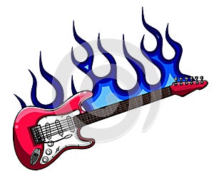 Vector illustration of red bass guitar in flames