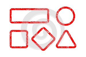 Vector Illustration red blank geometrical frames in grunge texture style set. Design templates of brush painted grungy