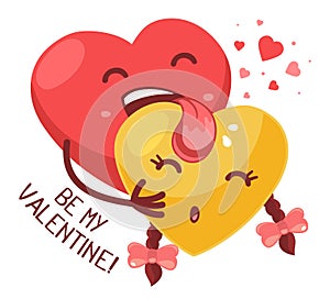 Vector illustration of red boy heart is licking yellow girl heart