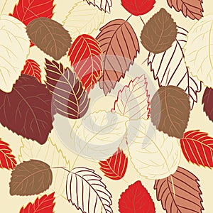 Vector illustration of red and brown leaves on light yellow background. Seamless pattern