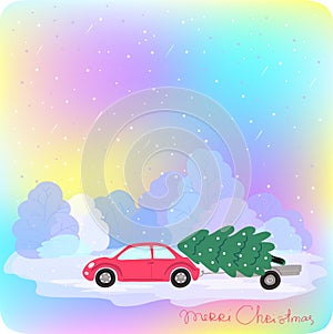 Vector illustration of a red car carrying a Christmas tree.Landscape with winter forest and Northern lights
