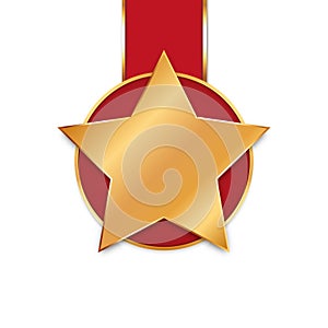 Vector illustration of red colored award ribbon medal with gold star banner on white background