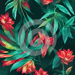 Vector illustration of red flowers and green leaves background wallpaper pattern