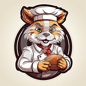 Vector illustration of a red fox chef in chef hat holding a loaf of bread