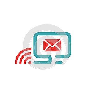 Vector illustration of red mail and wlan icon on pc.