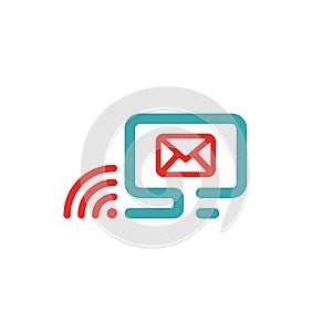 Vector illustration of red mail and wlan icon on pc.