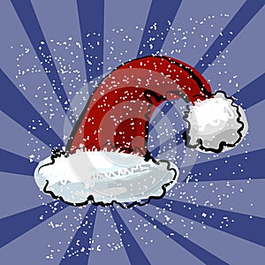 Vector illustration of red Santa s hat with dark blue snow ray background