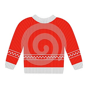 Vector illustration red sweater with white pattern isolated on the white background. Cotton sweaters for men. Wool sweaters for wo