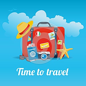 Vector illustration of red vintage suitcase with stickers and different travel elements