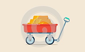 Vector illustration of red wheelbarrow wagon with hand trolley and bar of gold isolated on a light background
