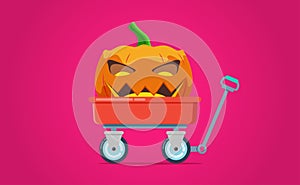 Vector illustration of red wheelbarrow wagon with hand trolley and halloween pumpkin isolated on a red background