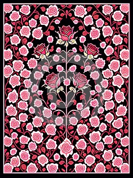 Vector illustration of a red and white floral pattern on a black pattern.