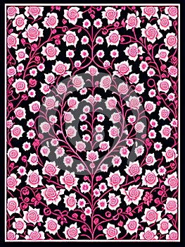 Vector illustration of a red and white floral pattern on a black pattern.