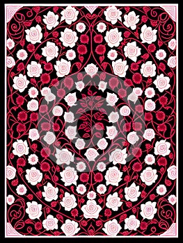 Vector illustration of a red and white floral pattern on a black pattern.