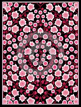 Vector illustration of a red and white floral pattern on a black pattern.